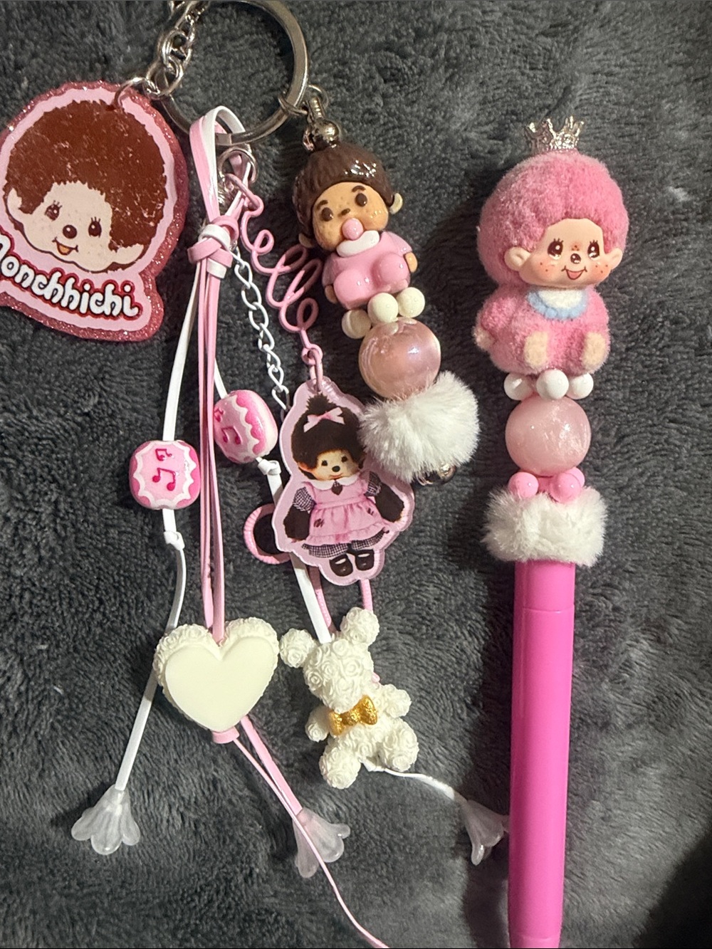 Pink Monchichi Keychain Charm and Pen Set.